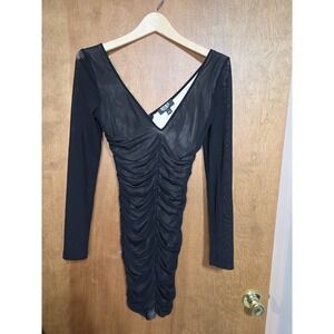 Hera Collection Black Mesh Ruched Bodycon Dress Womens Small Long Sleeve V-Neck